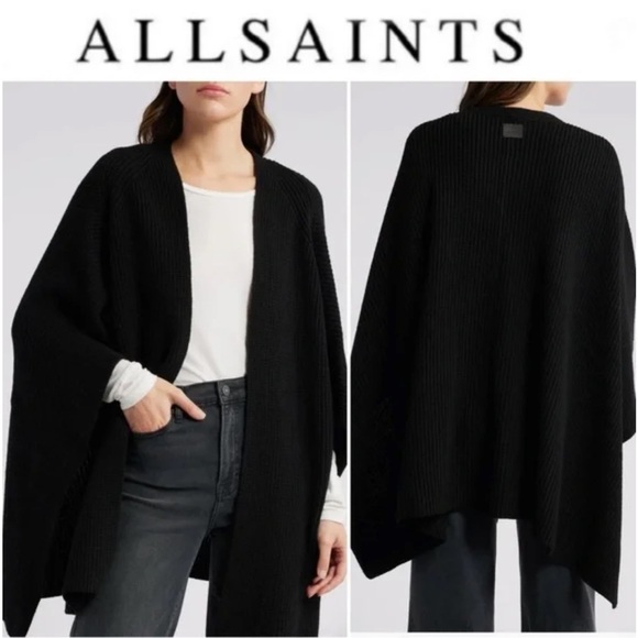 AllSaints Traveling Rib Knit Ruana | One Size | Black Oversized Shawl Cape - Picture 1 of 3